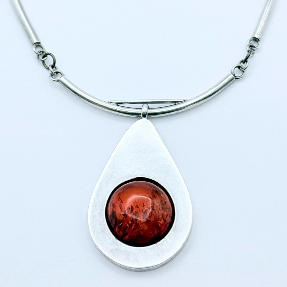 Modernist Amber Sterling Silver Pendant Necklace - Tube Bead Modern Minimalist